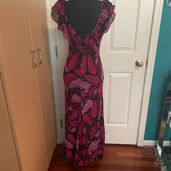 RIXO Antoinette Pink Palm Print Frilly Sleeve 100% Silk Midi Dress (Size S/P) - Picture 9 of 16